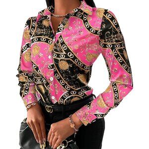 Women Pink Color Blouse Button Down Shirt Colorful Long Sleeve Floral Print Tops